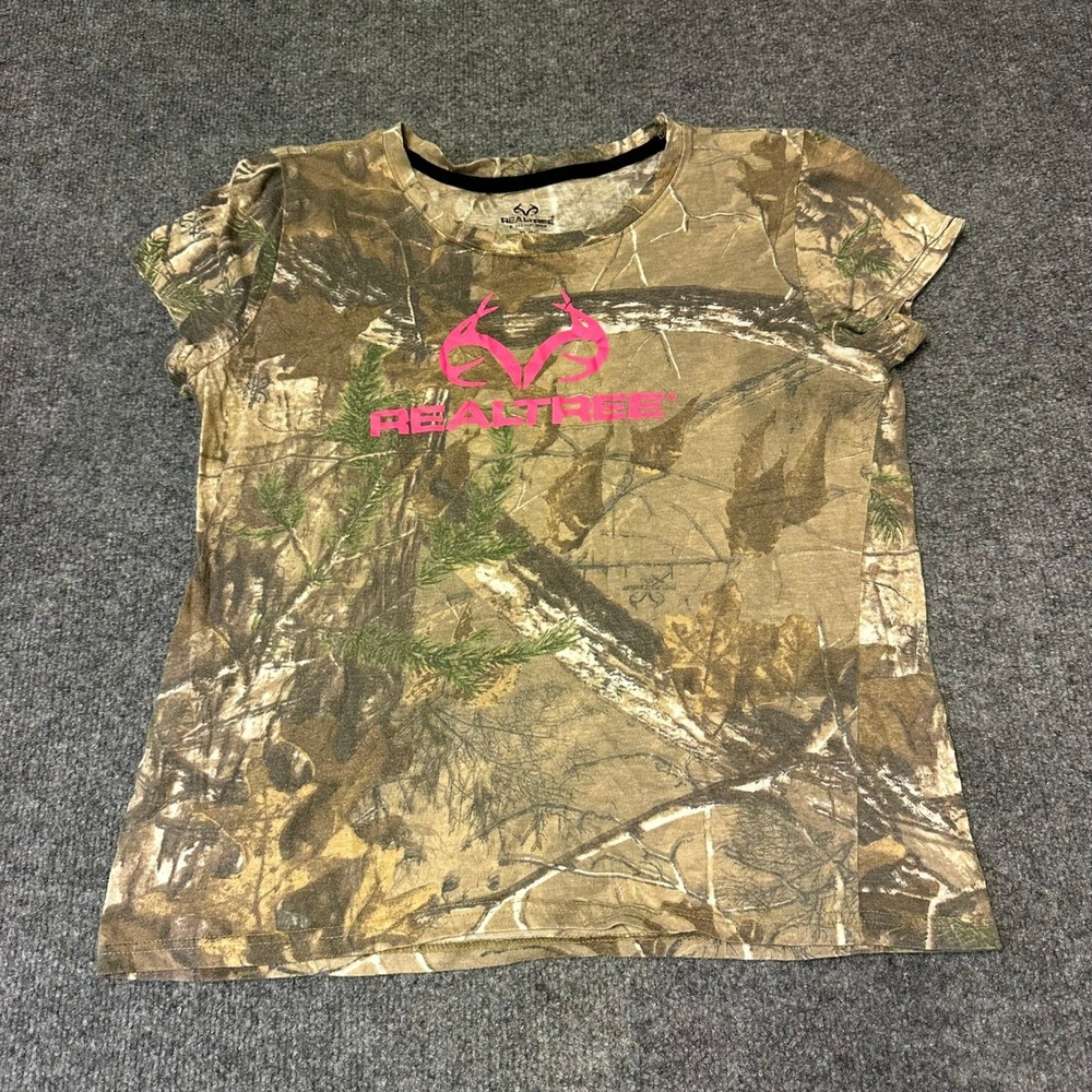 Realtree T-Shirt Womens XL Brown Camo Pink Logo Short Sleeve Graphic Tee